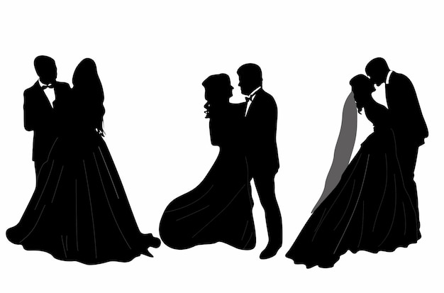 Vecteur, Isolé, Silhouettes, Mariage, Mariée Marié