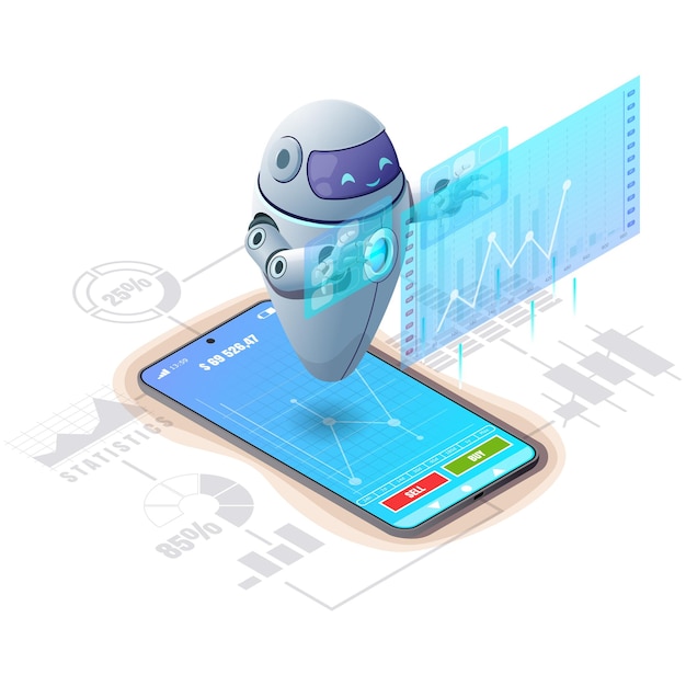 Vecteur vecteur isométrique 3d robot service en ligne trading bot le robot assistant avec illustration de smartphone sur fond blanc