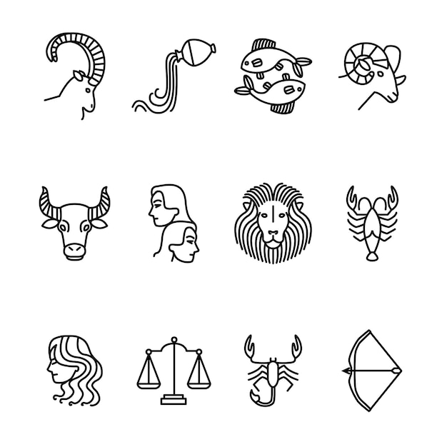 Vecteur de jeu d'icônes de ligne mince noire zodiacale