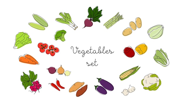 Vecteur De Légumes Mis En Contour Avec Des éléments Colorés Collection De Légumes Isolés