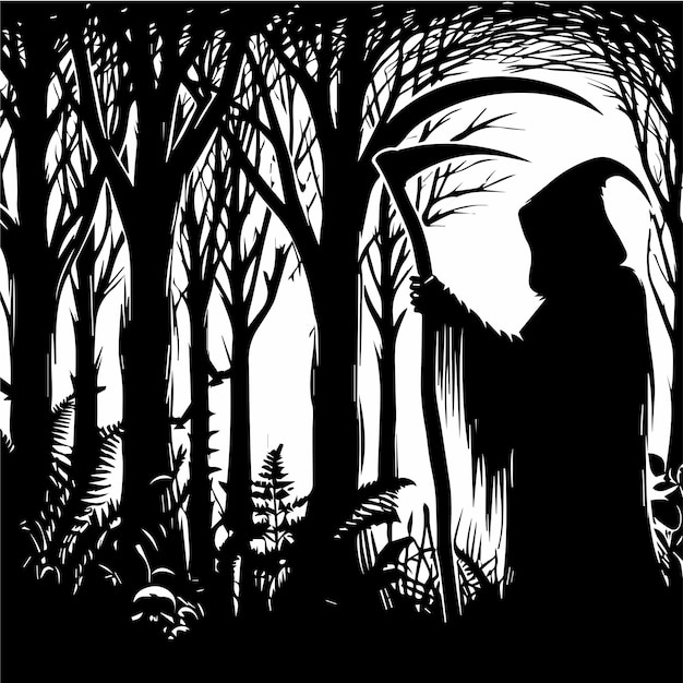Vecteur vecteur libre dessiné à la main un fantôme se tient dans la forêt d'horreur sur fond blanc
