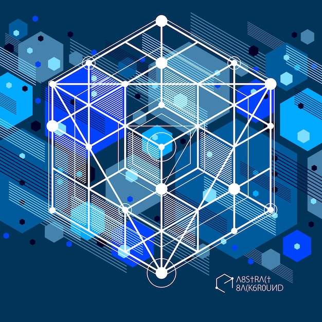 Vecteur de lignes de treillis cubiques abstraites modernes bleu fond noir. Disposition des cubes, hexagones, carrés, rectangles et différents éléments abstraits. Arrière-plan technique abstrait 3D.