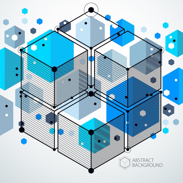 Vecteur de lignes de treillis cubiques abstraites modernes fond bleu. Disposition des cubes, hexagones, carrés, rectangles et différents éléments abstraits. Arrière-plan technique abstrait 3D.