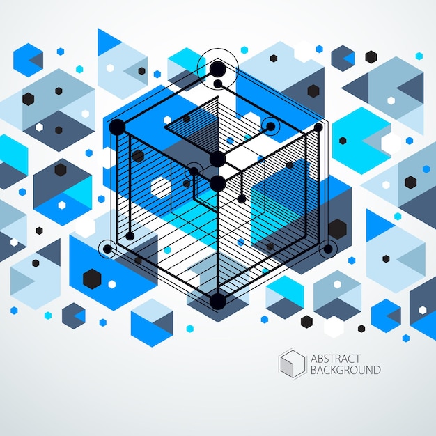 Vecteur de lignes de treillis cubiques abstraites modernes fond bleu. Disposition des cubes, hexagones, carrés, rectangles et différents éléments abstraits. Arrière-plan technique abstrait 3D.