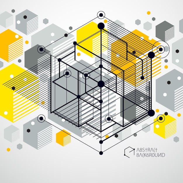 Vecteur de lignes de treillis cubiques abstraites modernes fond jaune. Disposition des cubes, hexagones, carrés, rectangles et différents éléments abstraits. Arrière-plan technique abstrait 3D.