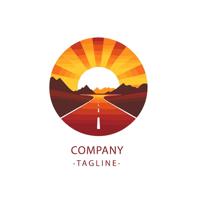Vecteur vecteur de logo de voyage dans le désert de route au coucher du soleil avec icône de voyage sur autoroute