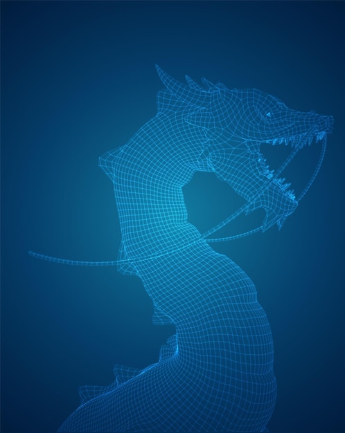 Vecteur vecteur long serpent dragon sur un fond bleu foncé profond dans un style carré de polygone 3d