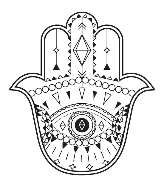 Vecteur vecteur de main de hamsa avec des symboles ésotériques mystiques comme pyramide mauvais œil indien couleur page tatouage henné illustration art occulte astrologique wicca