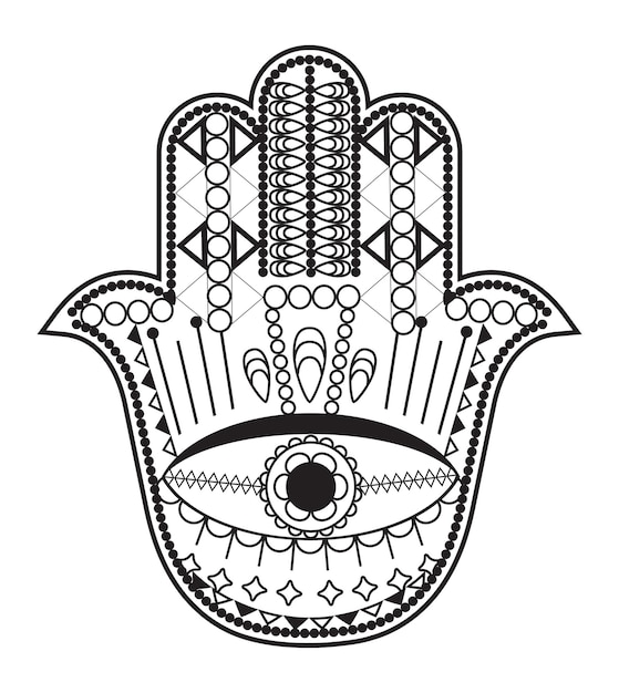 Vecteur vecteur de main de hamsa avec des symboles ésotériques mystiques comme pyramide mauvais œil indien couleur page tatouage henné illustration art occulte astrologique wicca