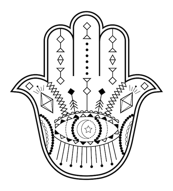 Vecteur vecteur de main de hamsa avec des symboles ésotériques mystiques comme pyramide mauvais œil indien couleur page tatouage henné illustration art occulte astrologique wicca