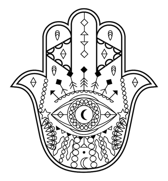 Vecteur De Main De Hamsa Avec Des Symboles ésotériques Mystiques Comme Pyramide Mauvais œil Indien Couleur Page Tatouage Henné Illustration Art Occulte Astrologique Wicca