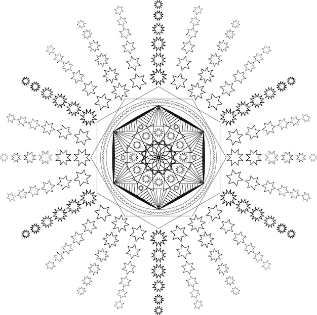 Vecteur de Mandala noir sur blanc pour la coloration, décoration d'ornement rond. Motif étoiles stylisées, vintage