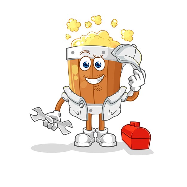 Vecteur de mascotte de dessin animé de dessin animé de mécanicien de chope de bière