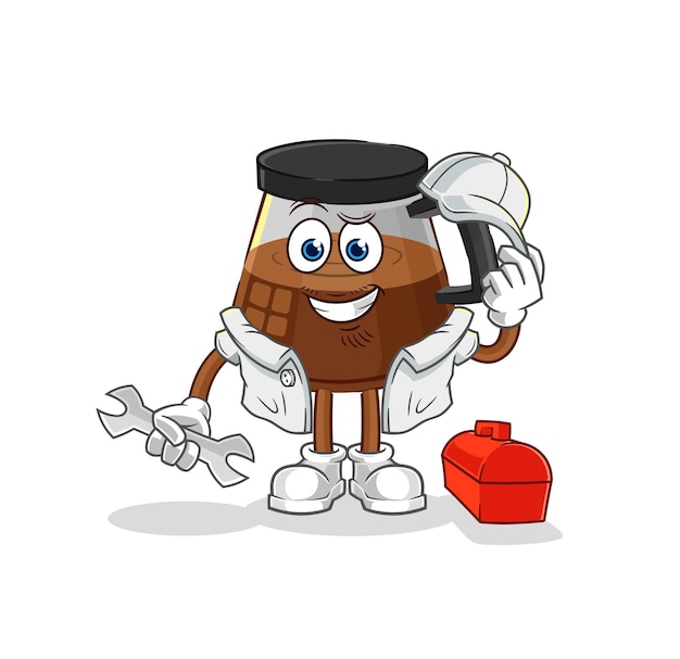 Vecteur de mascotte de dessin animé de dessin animé de mécanicien de machine à café