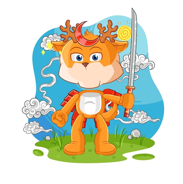 Vecteur de mascotte de dessin animé de dessin animé de samouraï de cerf