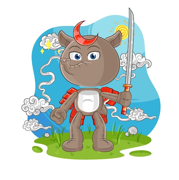 Vecteur de mascotte de dessin animé de dessin animé de samouraï tapir