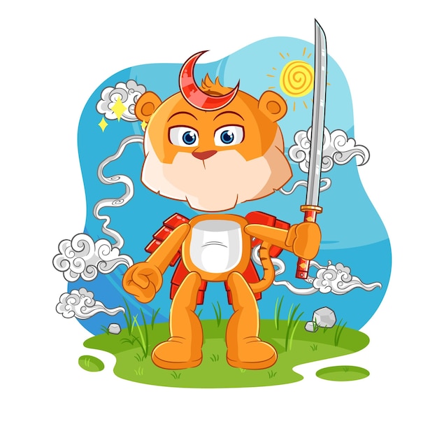 Vecteur de mascotte de dessin animé tigre samouraï dessin animé