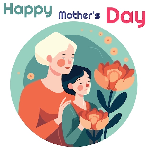 Vecteur vecteur mère et fille avec fleur rose et fond vert isolé sur blanc bonne fête des mères