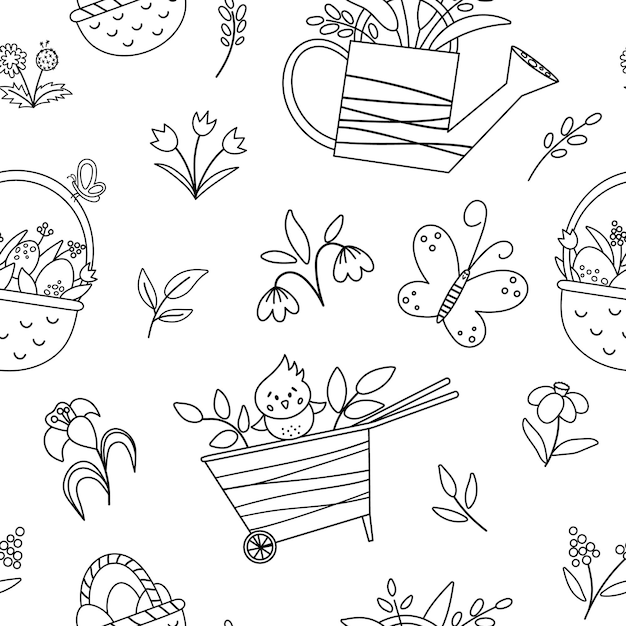 Vecteur Mignon Jardin Noir Et Blanc Ou Modèle Sans Couture De Pâques Répétition De Fond Avec Brouette Arrosoir Oeufs Premières Fleurs Et Plantes Décrire Le Papier Numérique De Printemps Pour Kidsxa