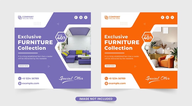 Vecteur de modèle de promotion de médias sociaux d'entreprise de meubles avec des couleurs orange et violet Modèle de vente de meubles exclusif pour le marketing numérique Vecteur de bannière web promotionnelle de meubles
