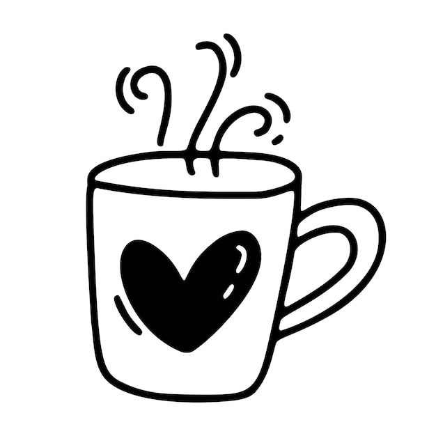 Vecteur monoline mignon tasse de café avec coeur Saint Valentin icône dessiné à la main vacances croquis doodle