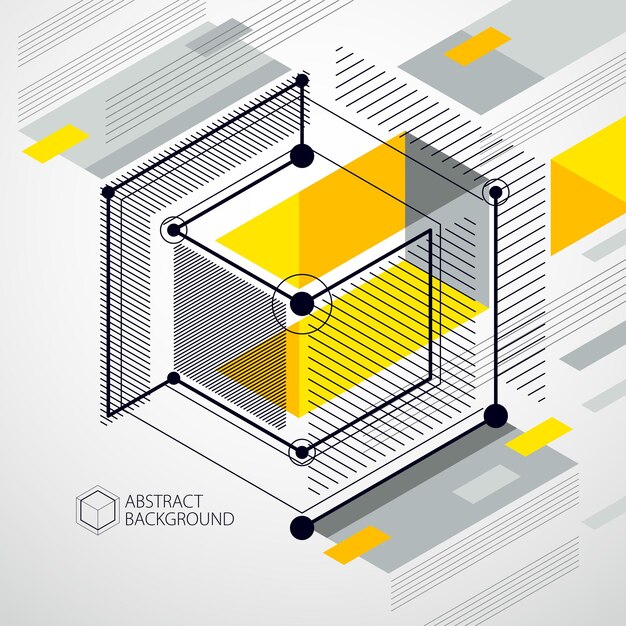 Vecteur de motif de cube 3D géométrique abstrait et fond jaune. Disposition des cubes, hexagones, carrés, rectangles et différents éléments abstraits.