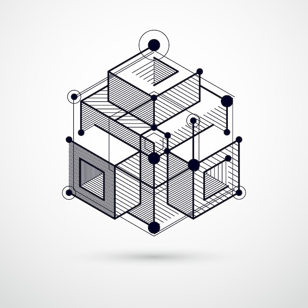 Vecteur de motif de cube 3D géométrique abstrait et fond noir et blanc. Disposition des cubes, hexagones, carrés, rectangles et différents éléments abstraits.