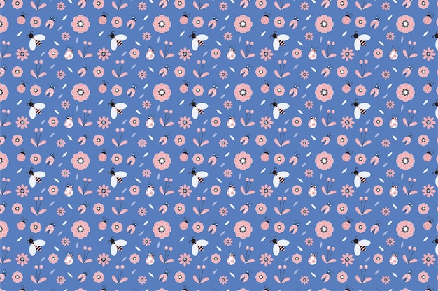 Vecteur De Motif D'insectes Abstraits Sur Fond Bleu Pour Couverture De Livre Et Cartes-cadeaux Décoration De Motif Floral Sans Couture Avec Bourdon Coccinelle Et Icônes De Fleurs