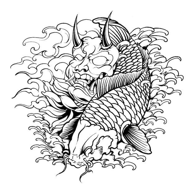 Vecteur vecteur noir et blanc oni koi fish illustration art