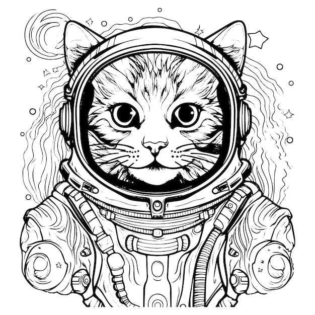 Vecteur de page de coloriage chat astronaute