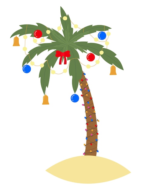 Vecteur vecteur de palmier de noël tropical avec des boules et des cloches de guirlande d'éclairage