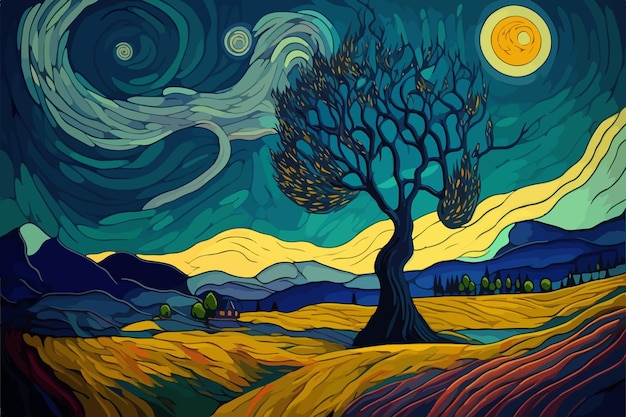 Vecteur vecteur de paysage fantaisiste inspiré de van gogh illustration avec un arbre bouclé et un ciel tourbillonnant