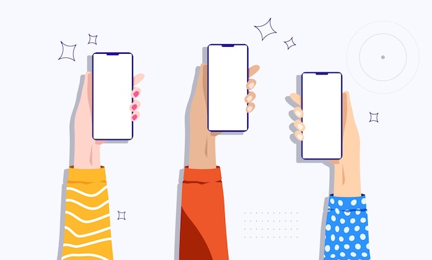 Vecteur vecteur de personnes tenant des smartphones la main soulève le smartphone soulevant les smartphones un design simple