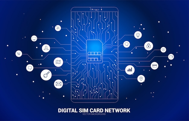 Vecteur vecteur point polygone connecter ligne en forme d'icône de carte sim dans le style de platine de téléphone mobile avec icône fonctionnelle. concept pour la technologie de carte sim mobile et réseau.