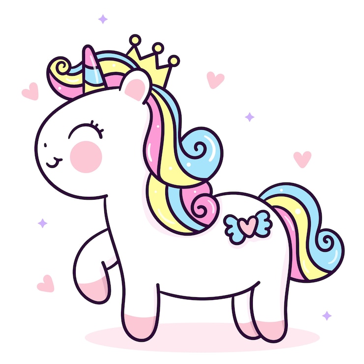Vecteur vecteur de princesse licorne mignon kawaii animal dessiné à la main