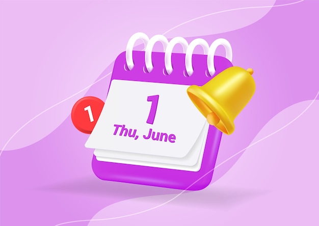 Vecteur vecteur de rappel de calendrier réaliste sur fond violet. page de notification avec des éléments flottants.