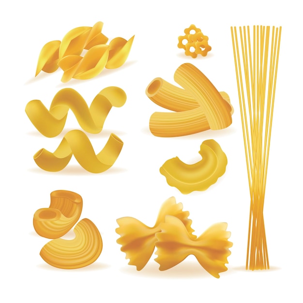 Vecteur réaliste détaillé de nouilles de pâte et de macaroni en 3D