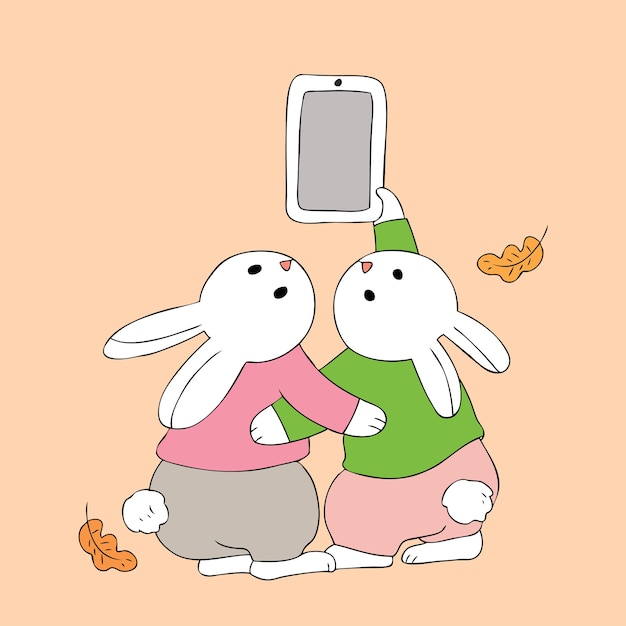 Vecteur De Selfie De Lapins D'automne De Dessin Animé.