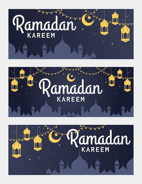 Vecteur Série De Bannière Horizontale Ramadan Kareem, Avec Lanterne Et Mosquée