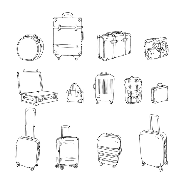 Vecteur sertie de valises sacs et sacs à dos pour le voyage Différents types de bagages à main valises et sacs dessinés à la main dans un style linéaire Pour la conception de publicités brochures bannières et affiches