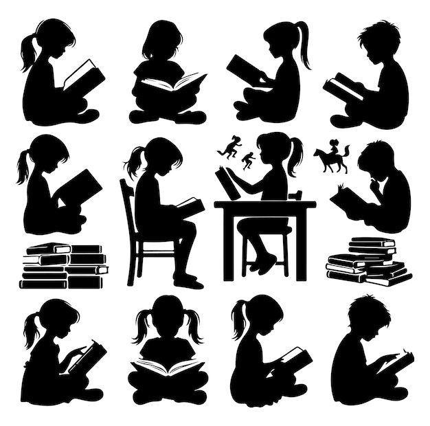 Vecteur un vecteur de silhouette d'un enfant lisant un livre