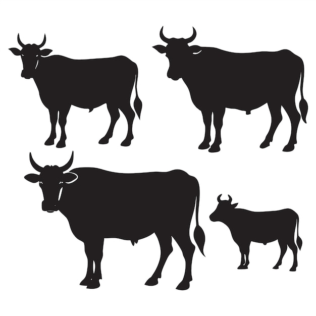 Vecteur de silhouette noire de vache isolé sur fond blanc