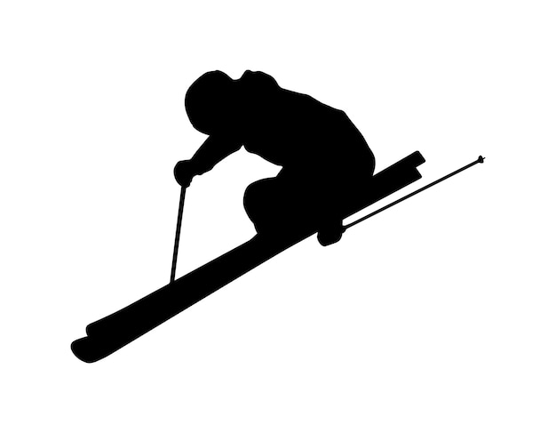 Vecteur vecteur simple ski personne silhouette ombre forme plat noir icône isolé sur fond blanc logo emblème élément de conception jeu de sport d'hiver et activité de loisirs