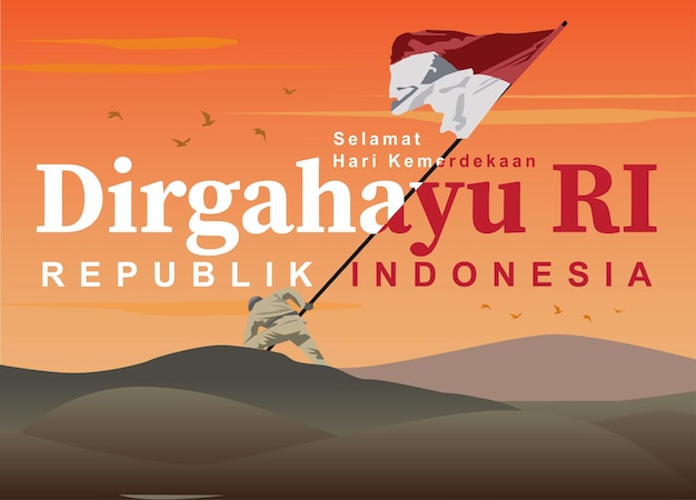 Vecteur vecteur, soldat indonésien, planté, drapeau indonésie, sur, sommet montagne, signe, jour indépendance, indonésie