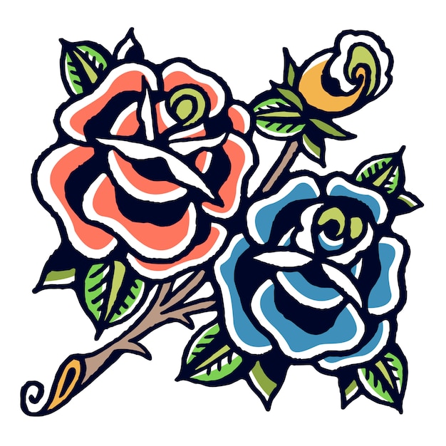 Vecteur De Tatouage Old School Roses Bleues Et Orange