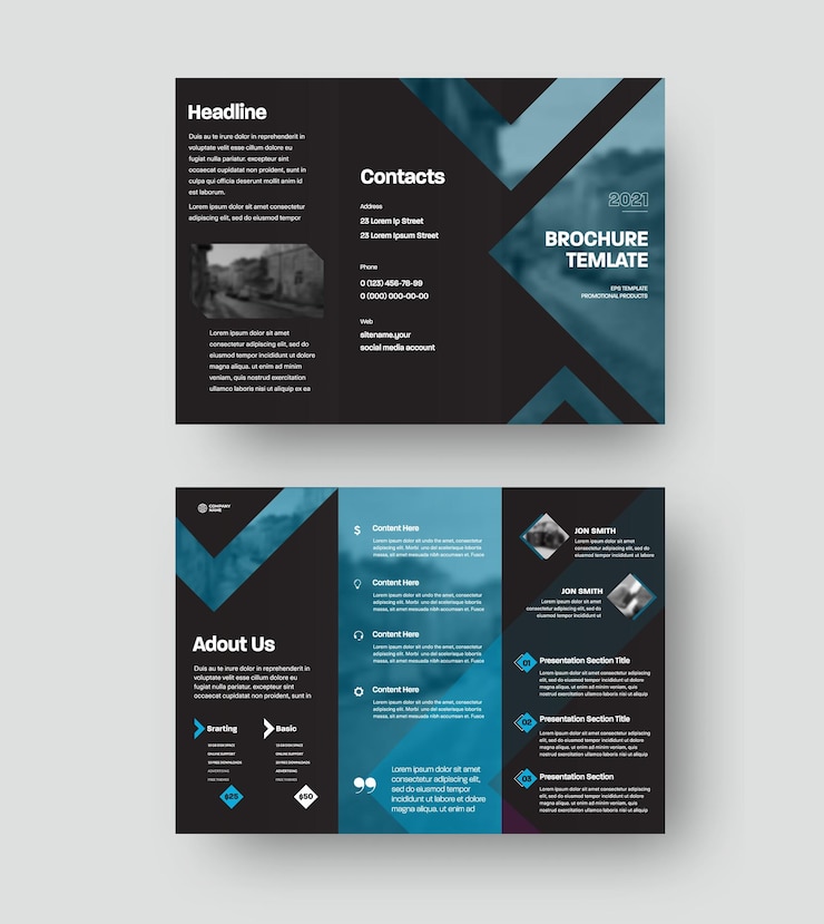 Vecteur vecteur à trois volets avec présentation des informations sur l'entreprise, design créatif, inserts de triangles, photos, sur fond noir. modèle de brochure avec des ombres, concept d'entreprise, livret publicitaire. ensemble