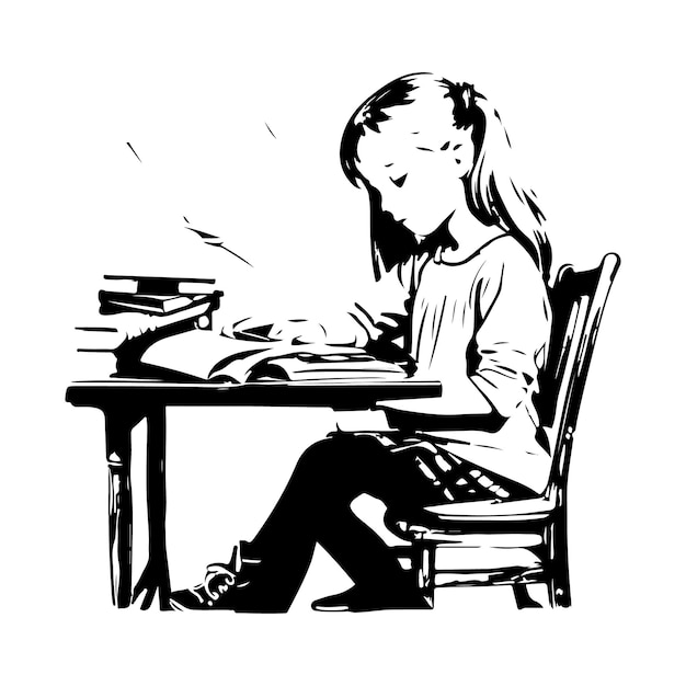 Vecteur un vecteur d'une fille Il est assis sur la table avec un livre à colorier noir et blanc