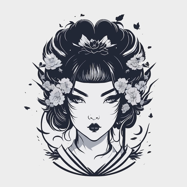 vecteur vintage un joli dessin d'illustration de geisha pour le logo et l'élément de marque avec des ornements