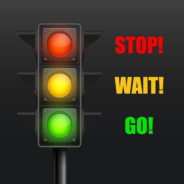 Vector 3d Feux de circulation routiers réalistes détaillés isolés sur noir Arrêtez Attendre Allez Signe de signalisation Règles de sécurité Concepte de conception Modèle de feux de circulation Icon de bannière