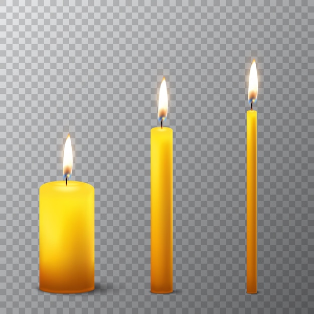 Vector 3d réaliste différent orange paraffine ou cire brûlant l'icône de bougie de fête mis en gros plan isolé sur fond de grille de transparence. Taille épaisse, moyenne et fine. Modèle de conception, clipart pour les graphiques.